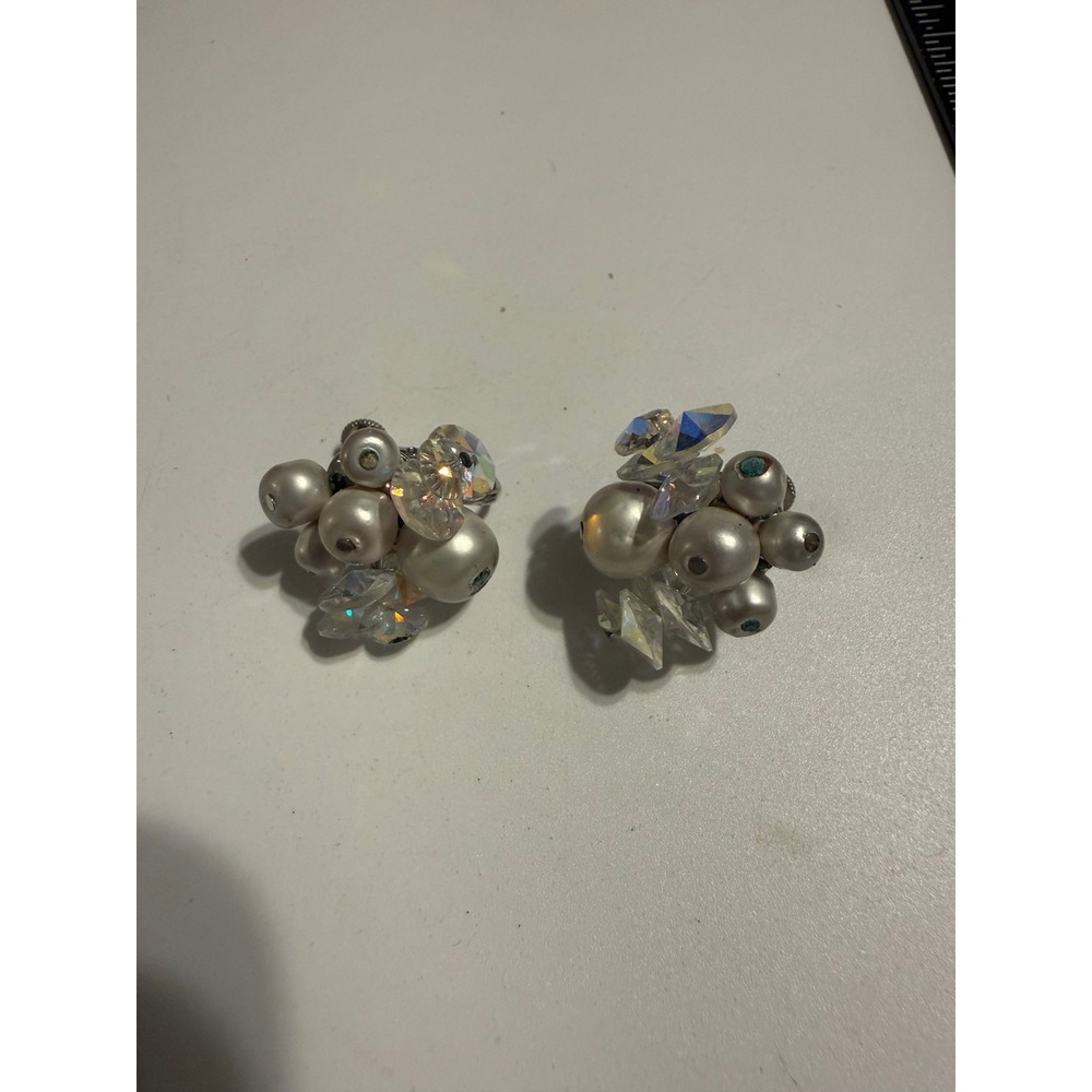 Vintage Vendome Aurora Borealis Faux Pearl Cluster‎ Clip On Earrings Silver